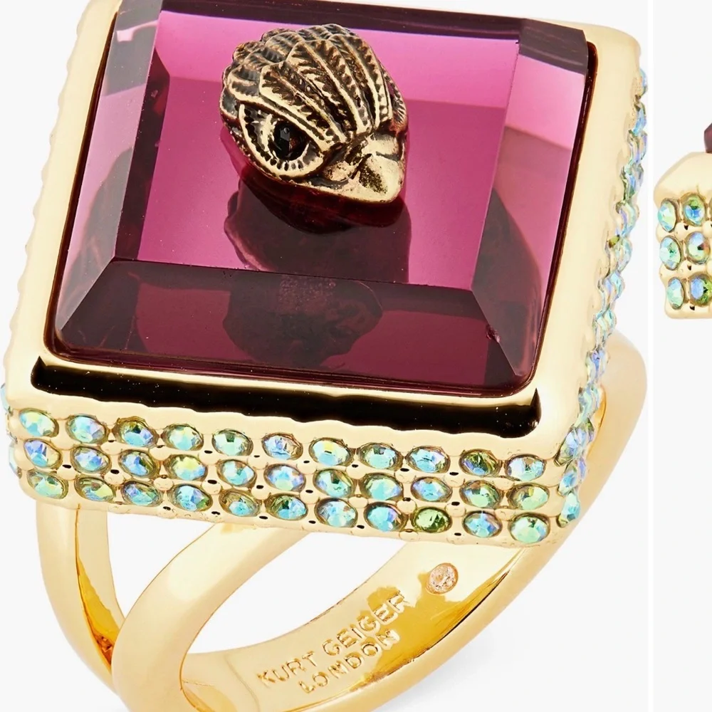 Kurt Geiger Gold and Deep Red Ring With Rhinestones Sz 8